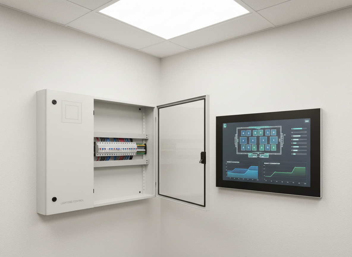 A technical control room corner dedicated to lighting management, featuring a clean white wall-mounted control cabinet with a discreet logo space, neatly labeled circuit breakers, and DIN-mounted components visible behind a partially open door. Beside it, a sleek industrial touchscreen panel displays a hall layout with adjustable lighting zones, dimming levels, and energy consumption graphs in cool blue and green tones. The room is lit by soft, neutral overhead LED panels, casting gentle reflections on the panel’s glass surface. Photographic realism with an eye-level, centered composition creates a calm, professional atmosphere, emphasizing smart, centralized control of street and hall lighting systems without any human presence.