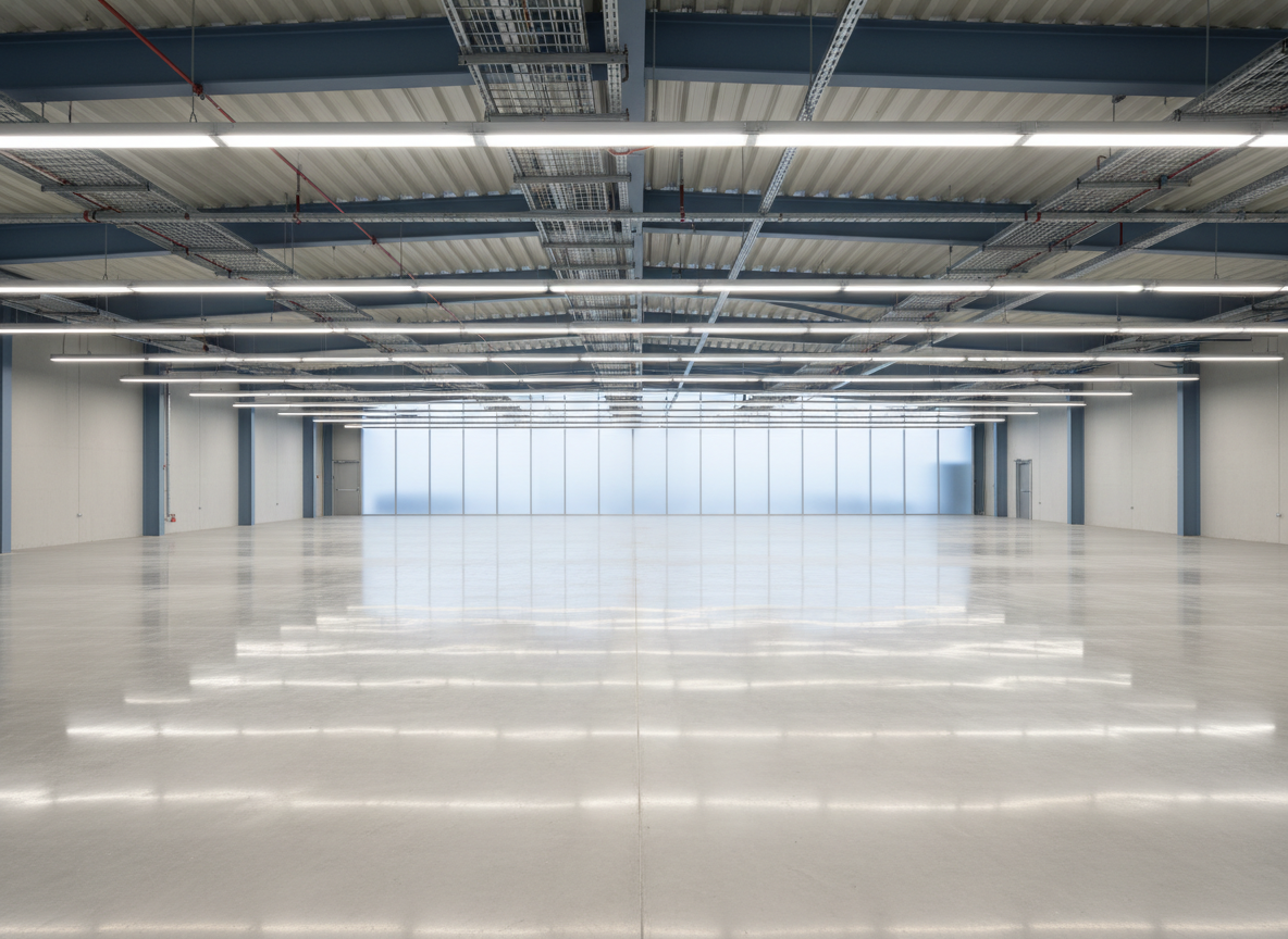 A spacious industrial hall with high ceilings, outfitted with evenly spaced linear LED high-bay luminaires in brushed aluminum housings, suspended by thin steel cables. Smooth, light grey concrete floors reflect the clear, neutral-white light, revealing every detail of the dust-free, organized environment. Structural steel beams and cable trays run neatly along the ceiling, highlighting a meticulously planned electrical installation. Photographic realism with an eye-level composition captures the entire hall in sharp focus, emphasizing even illumination across every corner. The atmosphere feels professional, efficient, and technically precise, with no clutter or people present, just immaculate infrastructure that embodies expert hall lighting solutions.